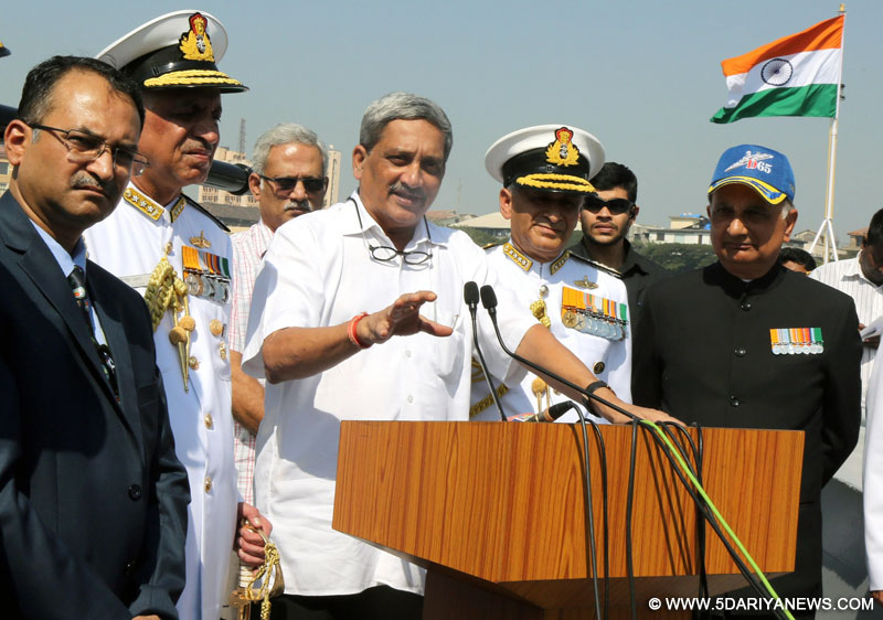 The Union Minister for Defence, Shri Manohar Parrikar interacting with the media after commissioning the Guided Missile Destroyer ‘INS Chennai’, at the Naval Dockyard, Mumbai on November 21, 2016. The Chief of Naval Staff, Admiral Sunil Lanba and other dignitaries are also seen.