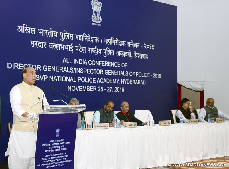 The Union Home Minister, Shri Rajnath Singh addressing at the inauguration of the All India Conference of DGPs/IGPs, 2016, at Sardar Vallabhbhai Patel National Police Academy, in Hyderabad on November 25, 2016. The Ministers of State for Home Affairs, Shri Hansraj Gangaram Ahir & Shri Kiren Rijiju and the Union Home Secretary, Shri Rajiv Mehrishi are also seen.