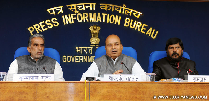 The Union Minister for Social Justice and Empowerment, Shri Thaawar Chand Gehlot addressing a press conference, on the occasion of “International Day of Persons with Disabilities, in New Delhi on December 03, 2016. The Ministers of State for Social Justice & Empowerment, Shri Krishan Pal and Shri Ramdas Athawale are also seen.