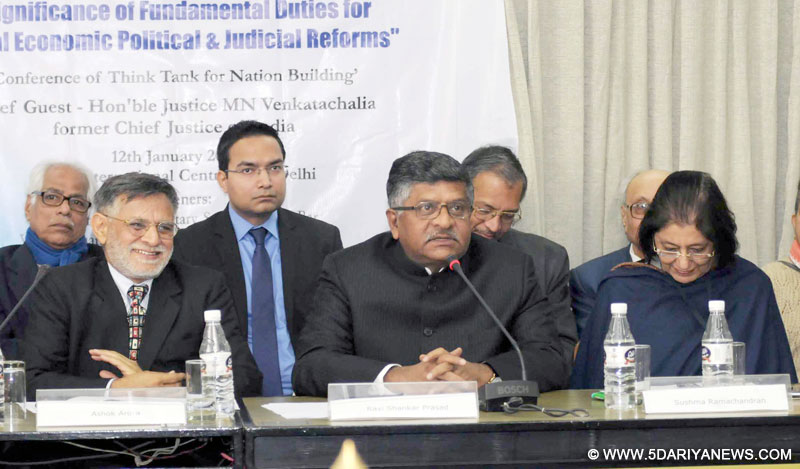 The Union Minister for Electronics & Information Technology and Law & Justice, Shri Ravi Shankar Prasad addressing a seminar jointly organised by the PCI, IWPC and the Supreme Court Lawyers Conference, in New Delhi on January 12, 2017.