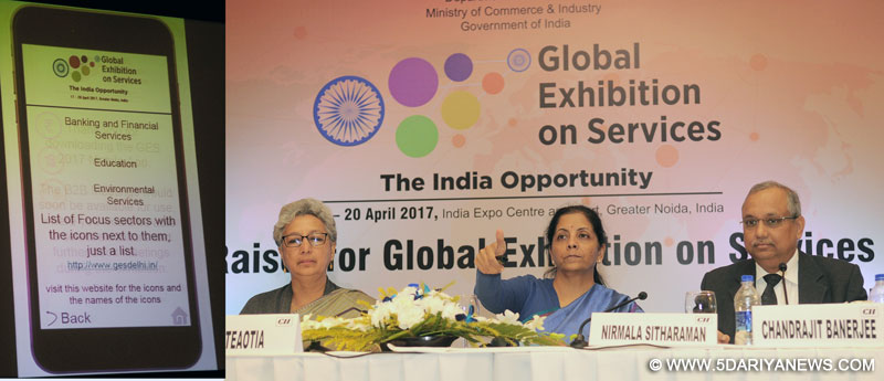 The Minister of State for Commerce & Industry (Independent Charge), Smt. Nirmala Sitharaman launching the GES Mobile App, at the Curtain Raiser Conference for Global Exhibition on Services, in New Delhi on January 24, 2017. The Commerce Secretary, Ms. Rita A. Teaotia is also seen.