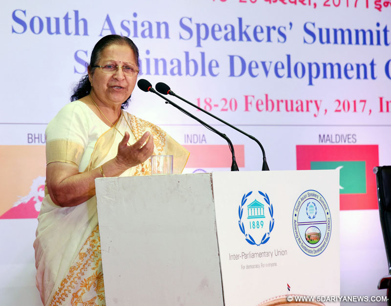 The Speaker, Lok Sabha, Smt. Sumitra Mahajan addressing the South Asian Speakers’ Summit on Achieving the Sustainable Development Goals (SDGs), in Indore, Madhya Pradesh on February 19, 2017.