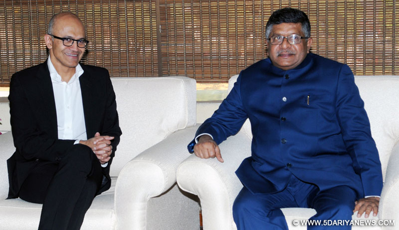 The CEO of Microsoft, Shri Satya Narayana Nadella meeting the Union Minister for Electronics & Information Technology and Law & Justice, Shri Ravi Shankar Prasad, in New Delhi on February 21, 2017.