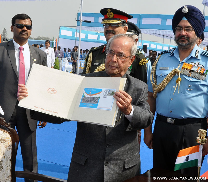 The President and Supreme Commander of the Indian Armed Forces, Shri Pranab Mukherjee releasing the First Day Covers of Mechanical Training Institute (MTI) and 125 Helicopter Squadron, during the presentation of the prestigious President’s Standard and Colours, at Air Force Station Tambaram, Tamil Nadu on March 03, 2017. The Chief of the Air Staff, Air Chief Marshal B.S. Dhanoa is also seen.