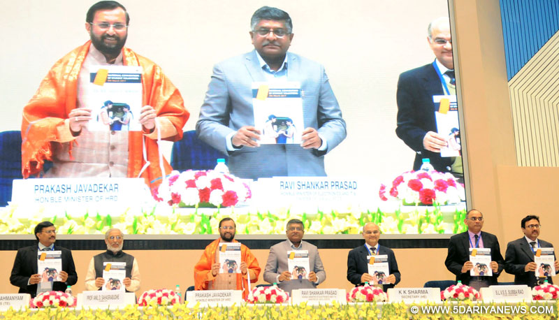 The Union Minister for Human Resource Development, Shri Prakash Javadekar releasing the publication, at the National Convention of Student Volunteers under Digital Financial Literacy Campaign, organised by the Ministry of Human Resource Development, in New Delhi on March 08, 2017. The Union Minister for Electronics & Information Technology and Law & Justice, Shri Ravi Shankar Prasad and other dignitaries are also seen.