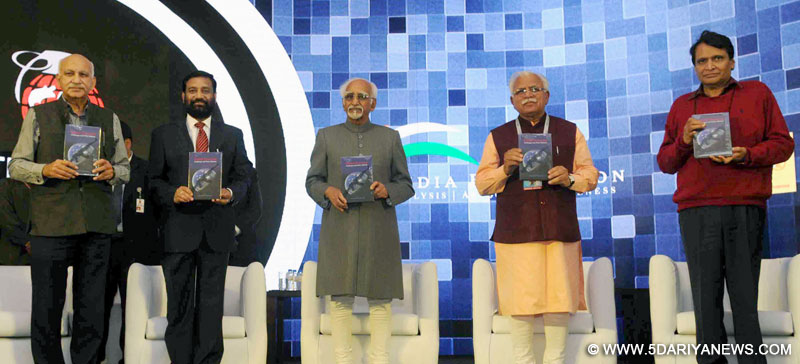 The Vice President, Shri M. Hamid Ansari releasing the book titled ‘Global Terrorism - Challenges and Policy Options’ at the inaugural session of the 3rd Counter Terrorism Conference, in New Delhi on March 14, 2017. The Deputy Prime Minister of Nepal, Shri Bimlendra Nidhi, the Union Minister for Railways, Shri Suresh Prabhakar Prabhu, the Chief Minister of Haryana, Shri Manohar Lal Khattar and the Minister of State for External Affairs, Shri M.J. Akbar are also seen. 