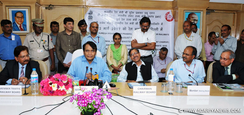 The Union Minister for Railways, Shri Suresh Prabhakar Prabhu addressing the gathering at the release of Water Policy on Indian Railways; hand over GreenCo Certificates to Diesel Locomotive Works (Varanasi) & Perambur Carriage Workshop (Chennai) and the inauguration of the expansion of Alternate Train Accommodation Scheme (ATAS) called “Vikalp Scheme” - Scaling up across the board, in New Delhi on March 22, 2017.