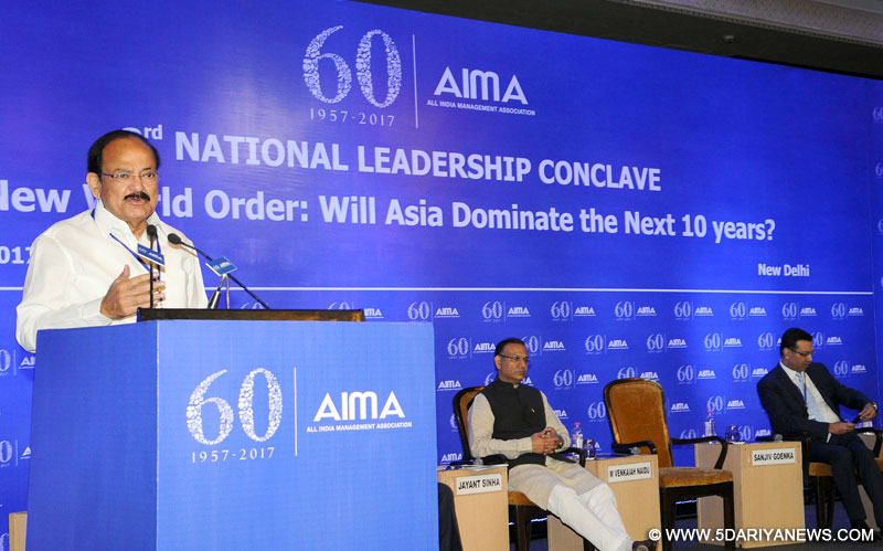 The Union Minister for Urban Development, Housing & Urban Poverty Alleviation and Information & Broadcasting, Shri M. Venkaiah Naidu addressing at the AIMA’s 3rd National Leadership Conclave on the theme ‘New World Order: Will Asia Dominate the Next 10 years’, in New Delhi on March 22, 2017. The Minister of State for Civil Aviation, Shri Jayant Sinha is also seen.
