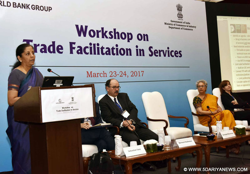 The Minister of State for Commerce & Industry (Independent Charge), Smt. Nirmala Sitharaman delivering the inaugural address at the Workshop on Trade Facilitation in Services (TFS), in New Delhi on March 23, 2017. The Commerce Secretary, Ms. Rita A. Teaotia and other dignitaries are also seen.