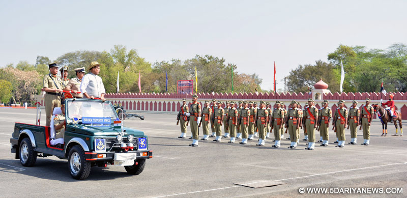 The Union Home Minister, Shri Rajnath Singh reviewing the Passing Out Parade of the Assistant Commandants at the BSF Academy, Tekanpur, Gwalior, Madhya Pradesh on March 25, 2017. The Director General, BSF, Shri K.K. Sharma is also seen.