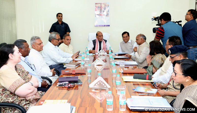 The Union Home Minister, Shri Rajnath Singh chairing a meeting with the Chief Minister of Assam, Shri Sarbananda Sonowal and his team on security related issues, in New Delhi on March 26, 2017.