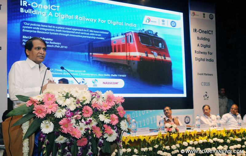 The Union Minister for Railways, Shri Suresh Prabhakar Prabhu addressing at the inauguration of a Conference under the theme “IR-One ICT (One Information and Communication Technology) Building Digital Railway for Digital India”, in New Delhi on March 27, 2017. The Chairman, Railway Board, Shri A.K. Mital is also seen.