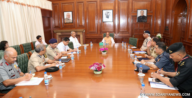The Union Home Minister, Shri Rajnath Singh chairing the review meeting with the Directors General (DGs) of the Central Armed Police Forces (CAPFs), in New Delhi on April 05, 2017. The Union Home Secretary, Shri Rajiv Mehrishi, DGs of CAPFs (CRPF, CISF, AR, SSB, ITBP, NSG, NDRF), ADG, BSF and senior officers of the Ministry of Home Affairs are also seen.