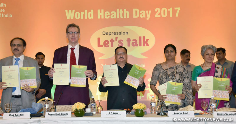 The Union Minister for Health & Family Welfare, Shri J.P. Nadda along with the Minister of State for Health & Family Welfare, Smt. Anupriya Patel and other dignitaries releasing the Training Manual for Psychologists to cure Mental Illness, on the occasion of the ‘World Health Day 2017’ with the theme “Depression: let’s talk”, in New Delhi on April 07, 2017.