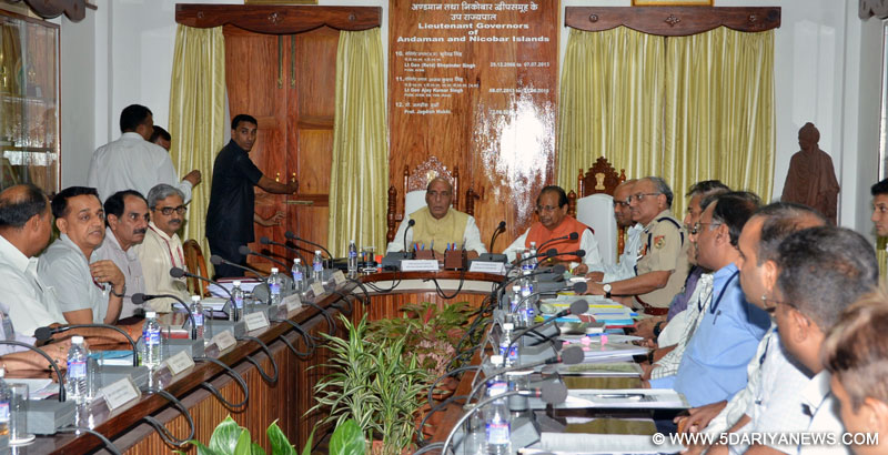 The Union Home Minister, Shri Rajnath Singh chairing a meeting of the Andaman & Nicobar Union Territory Administration with the Lieutenant Governor of Andaman and Nicobar Islands, Dr. Jagdish Mukhi and Senior Officers, at Port Blair on April 06, 2017.