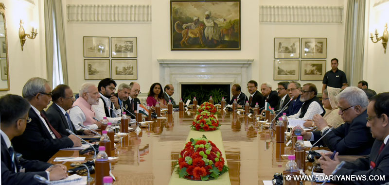 The Prime Minister, Shri Narendra Modi and the Prime Minister of Bangladesh, Ms. Sheikh Hasina at the delegation level talks between India and Bangladesh, in New Delhi on April 08, 2017.