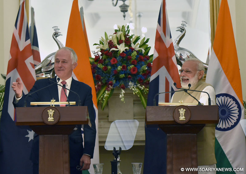 The Prime Minister, Shri Narendra Modi and the Prime Minister of Australia, Mr. Malcolm Turnbull at the joint press statement, at Hyderabad House, in New Delhi on April 10, 2017. 