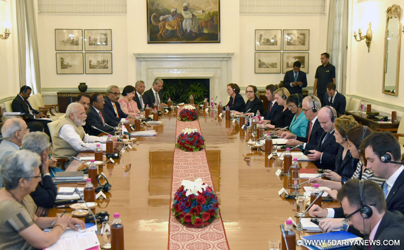 The Prime Minister, Shri Narendra Modi and the Prime Minister of Australia, Mr. Malcolm Turnbull, at the delegation level talks at Hyderabad House, in New Delhi on April 10, 2017. 
