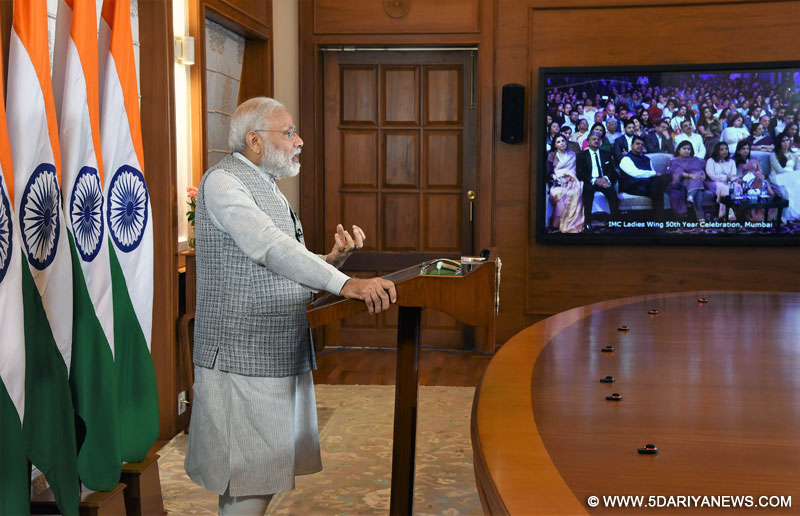The Prime Minister, Shri Narendra Modi addressing the 50th year celebrations of the Ladies’ Wing of the Indian Merchants’ Chamber, via video conferencing, in New Delhi on April 13, 2017.