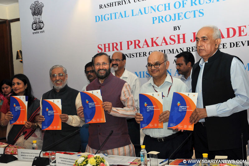 The Union Minister for Human Resource Development, Shri Prakash Javadekar releasing the Booklet “Digital Launch of Projects; Rashtriya Uchchatar Shiksha Abhiyan (RUSA)”, at the launch of the unique portal and mobile app of Rashtriya Uchchatar Shiksha Abhiyan (RUSA), a body under the aegis of the Ministry of Human Resource Development, in New Delhi on April 17, 2017. 