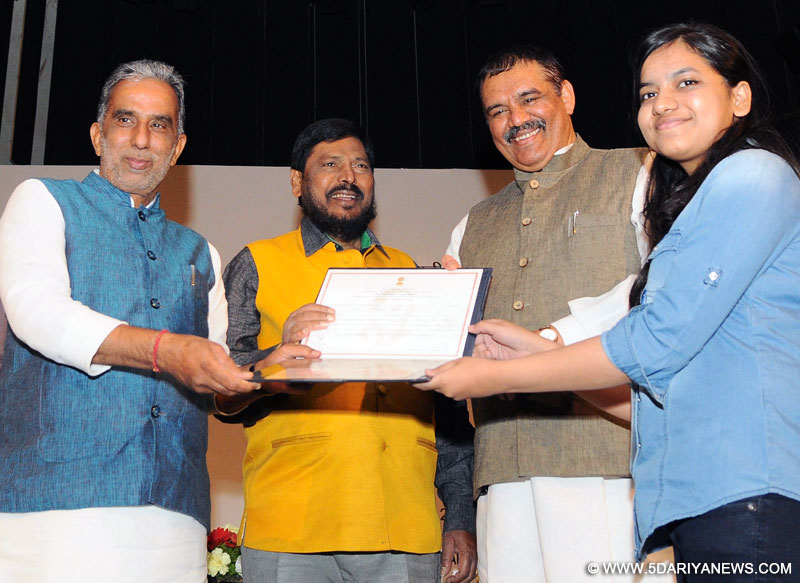 The Ministers of State for Social Justice & Empowerment, Shri Krishan Pal, Shri Vijay Sampla and Shri Ramdas Athawale at the presentation ceremony of the “National Merit Awards” to Meritorious Students of Secondary and Senior Secondary School Examination – 2016, conducted by the State/Central Education Boards/Councils, under Dr. Ambedkar National Merit Award Scheme, in New Delhi on April 18, 2017. 