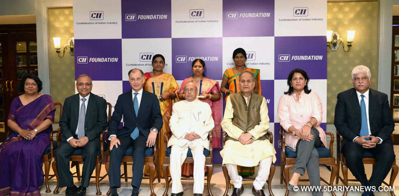 The President, Shri Pranab Mukherjee with the recipients of CII President’s Award for Lifetime Achievement and CII Foundation Woman Exemplar Award, at a function, in New Delhi on April 27, 2017.