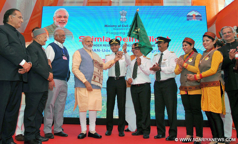 The Prime Minister, Shri Narendra Modi launching the UDAN – Regional Connectivity Scheme for Civil Aviation - by flagging-off the first UDAN flight from Shimla, on April 27, 2017. The Union Minister for Civil Aviation, Shri Ashok Gajapathi Raju Pusapati, the Chief Minister of Himachal Pradesh, Shri Virbhadra Singh and the Secretary, Ministry of Civil Aviation, Shri R.N. Choubey are also seen.