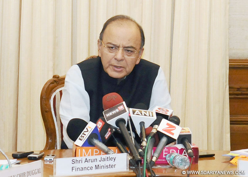 The Union Minister for Finance, Corporate Affairs and Defence, Shri Arun Jaitley addressing the press conference on the NPA Ordinance, in New Delhi on May 05, 2017. The Secretary, Department of Financial Services, Ms. Anjuli Chib Duggal is also seen.