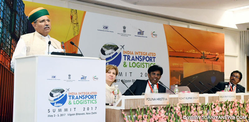 The Minister of State for Finance and Corporate Affairs, Shri Arjun Ram Meghwal addressing a session on Gateways: GST and Role of Digitisation for Congestion Reduction, during the India Integrated Transport & Logistics Summit 2017, in New Delhi on May 05, 2017.