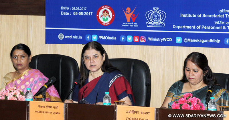 The Union Minister for Women and Child Development, Smt. Maneka Sanjay Gandhi addressing at the inauguration of the first ever Workshop on Sexual Harassment of Women at Workplace (Prevention, Prohibition and Redressal) Act, 2013 for Government ICCs, in New Delhi on May 05, 2017. The Minister of State for Women and Child Development, Smt. Krishna Raj is also seen.