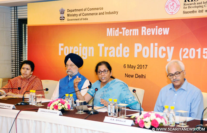 The Minister of State for Commerce & Industry (Independent Charge), Smt. Nirmala Sitharaman interacting with the media on Mid-Term Review of Foreign Trade Policy (2015-2020), in New Delhi on May 06, 2017.