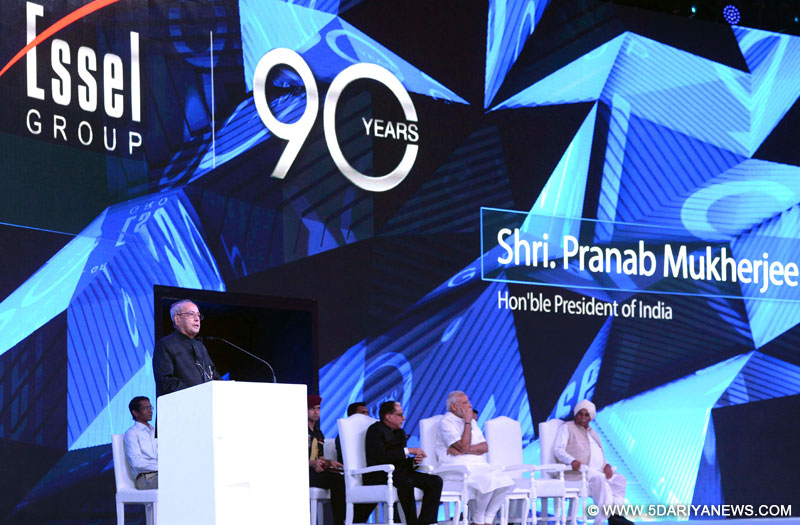 The President, Shri Pranab Mukherjee addressing at the 90 years celebrations of the Essel Group, in New Delhi on May 14, 2017. The Prime Minister, Shri Narendra Modi and other dignitaries are also seen. 