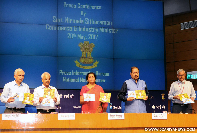 The Minister of State for Commerce & Industry (Independent Charge), Smt. Nirmala Sitharaman releasing a booklet on the Key Initiatives of the Ministry of Commerce & Industry, at a press conference on the achievements of the Ministry during 3 years of NDA Government, in New Delhi on May 20, 2017. The Principal Director General (M&C), Press Information Bureau, Shri A.P. Frank Noronha and other dignitaries are also seen.