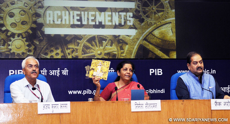 The Minister of State for Commerce & Industry (Independent Charge), Smt. Nirmala Sitharaman addressing a press conference on the achievements of the Ministry during 3 years of NDA Government, in New Delhi on May 20, 2017. The Principal Director General (M&C), Press Information Bureau, Shri A.P. Frank Noronha is also seen.