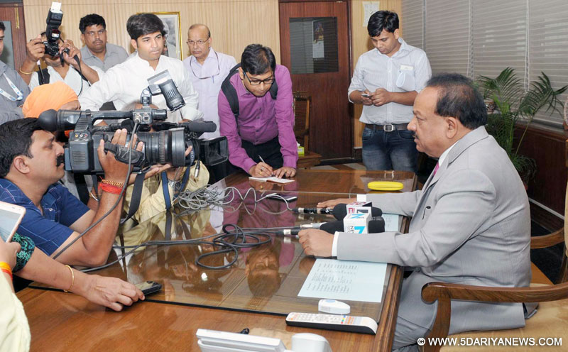 Dr. Harsh Vardhan interacting with the media after taking charge as the Minister of Environment, Forest and Climate Change, in New Delhi on May 22, 2017.
