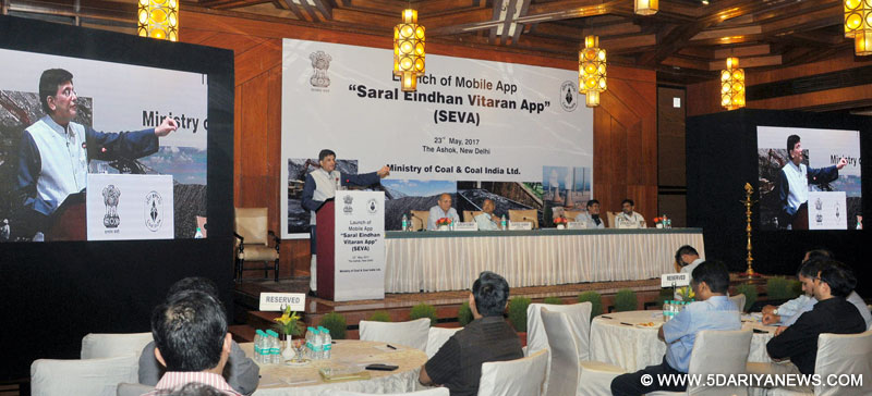 The Minister of State for Power, Coal, New and Renewable Energy and Mines (Independent Charge), Shri Piyush Goyal addressing at the launch of the Mobile App “Saral Eindhan Vitaran App (SEVA)”, in New Delhi on May 23, 2017. The Secretary, Ministry of Coal, Shri Susheel Kumar and other dignitaries are also seen.