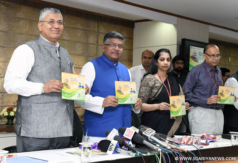 The Union Minister for Electronics & Information Technology and Law & Justice, Shri Ravi Shankar Prasad releasing the booklet on the Key Initiatives of MeitY, at a press conference on the achievements of the Ministry during 3 years of NDA Government, in New Delhi on May 23, 2017. The Minister of State for Electronics & Information Technology and Law & Justice, Shri P.P. Chaudhary and the Secretary, Ministry of Electronics & Information Technology, Ms. Aruna Sundararajan are also seen.