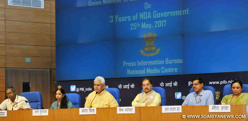 Manoj Sinha addressing a press conference on the achievements of the Ministry of Communications during 3 years of NDA Government, in New Delhi on May 25, 2017. 