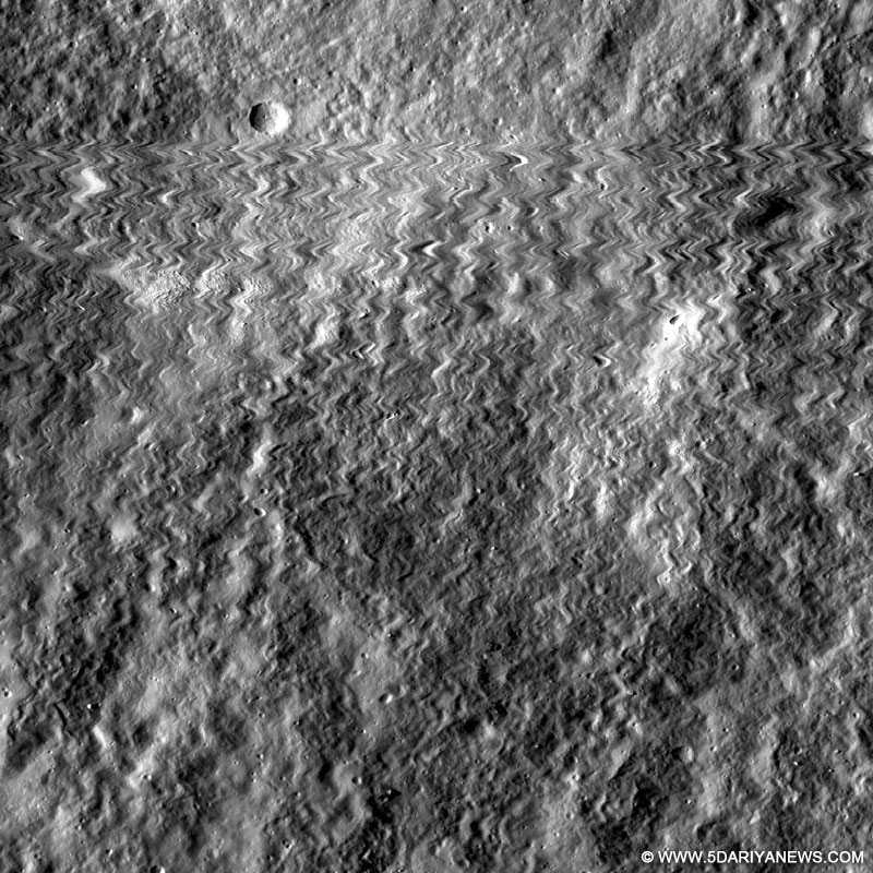 The first wild back-and-forth line records the moment on October 13, 2014 when the camera aboard NASA’s Lunar Reconnaissance Orbiter (LRO) was struck by a meteoroid