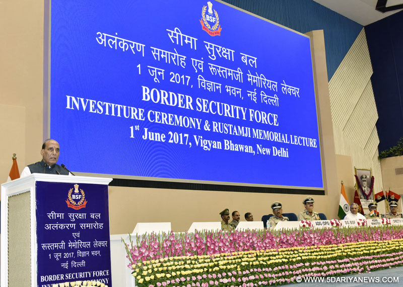 The Union Home Minister, Shri Rajnath Singh addressing at the Border Security Force (BSF) Investiture Ceremony, in New Delhi on June 01, 2017. The DG, BSF, Shri K.K. Sharma is also seen.