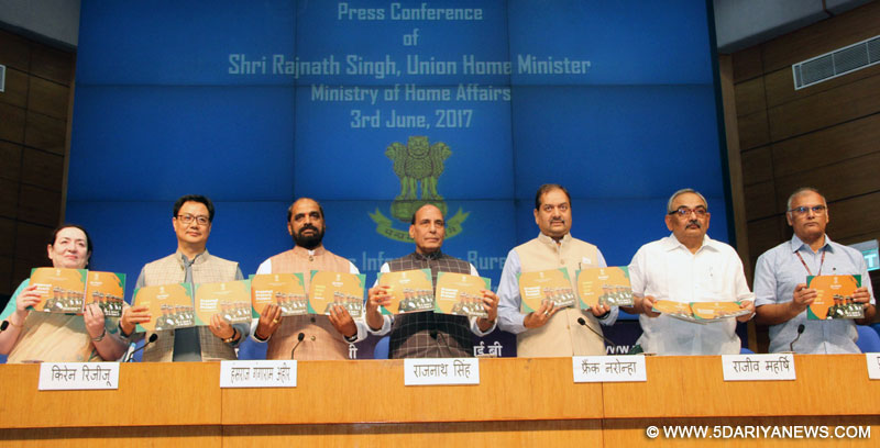 The Union Home Minister, Shri Rajnath Singh releasing a booklet, at a press conference on the Achievements and Initiatives of the Ministry of Home Affairs during 3 years of NDA Government, in New Delhi on June 03, 2017. The Ministers of State for Home Affairs, Shri Hansraj Gangaram Ahir and Shri Kiren Rijiju, the Union Home Secretary, Shri Rajiv Mehrishi and the Principal Director General (M&C), Press Information Bureau, Shri A.P. Frank Noronha are also seen.