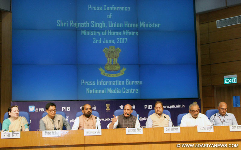 The Union Home Minister, Shri Rajnath Singh addressing a press conference on the Achievements and Initiatives of the Ministry of Home Affairs during 3 years of NDA Government, in New Delhi on June 03, 2017. The Ministers of State for Home Affairs, Shri Hansraj Gangaram Ahir and Shri Kiren Rijiju, the Union Home Secretary, Shri Rajiv Mehrishi and the Principal Director General (M&C), Press Information Bureau, Shri A.P. Frank Noronha are also seen.