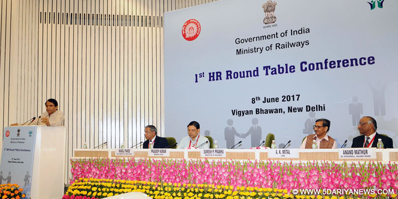 The Union Minister for Railways, Shri Suresh Prabhakar Prabhu addressing at the Indian Railways’ 1st HR Round Table Conference, in New Delhi on June 08, 2017. The Chairman, Railway Board, Shri A.K. Mital and other dignitaries are also seen.