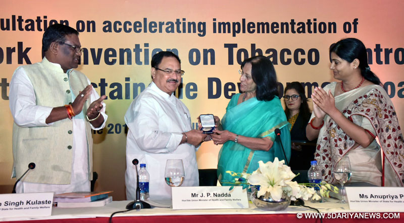  The Union Minister for Health & Family Welfare, Shri J.P. Nadda being conferred the World Tobacco Award 2017 for his contribution to global tobacco control by the World Health Organisation (WHO), the WHO-SEARO Regional Director, Dr. Poonam Khetrapal Singh presented the prestigious award to him, at a function, in New Delhi on June 08, 2017. The Ministers of State for Health & Family Welfare, Shri Faggan Singh Kulaste and Smt. Anupriya Patel are also seen.