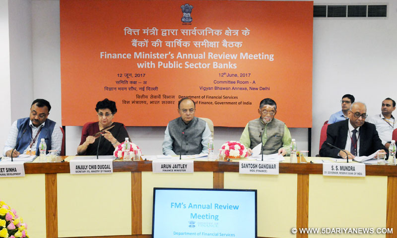 The Union Minister for Finance, Corporate Affairs and Defence, Shri Arun Jaitley chairing the Meeting of the CMDs/CEOs of Public Sector Banks in order to review their performance, in New Delhi on June 12, 2017. The Minister of State for Finance, Shri Santosh Kumar Gangwar, the Secretary, Department of Financial Services, Ms. Anjuli Chib Duggal and the Secretary, Ministry of Rural Development, Shri Amarjeet Sinha are also seen.