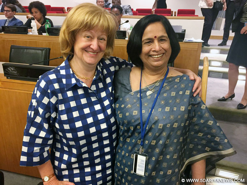 Neeru Chadha of India, right, with Liesbeth Lijnzaad of the Netherlands, after they both were elected judges of the International Tribunal for the Law of the Sea (ITLOS) on Wednesday, June 14, 2017, at the United Nations. 