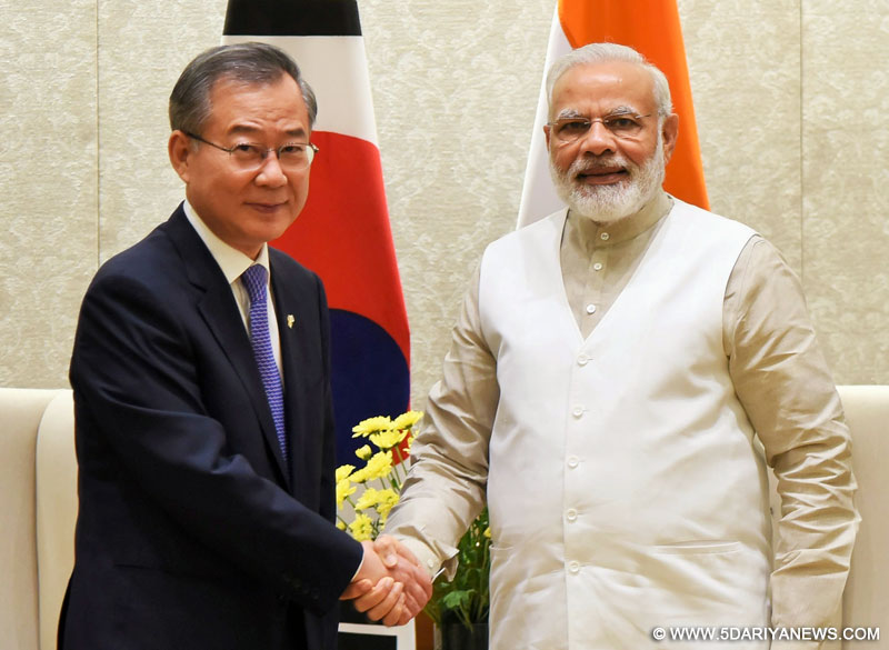 The Special Envoy, South Korea, Jeong Dong-chae calls on the Prime Minister, Narendra Modi, in New Delhi on June 16, 2017.