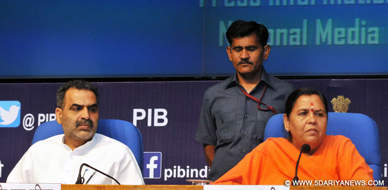 Uma Bharti briefing the media about the achievements of her Ministry during the last three years, in New Delhi on June 19, 2017. The Minister of State for Water Resources, River Development and Ganga Rejuvenation, Dr. Sanjeev Kumar Balyan is also seen.