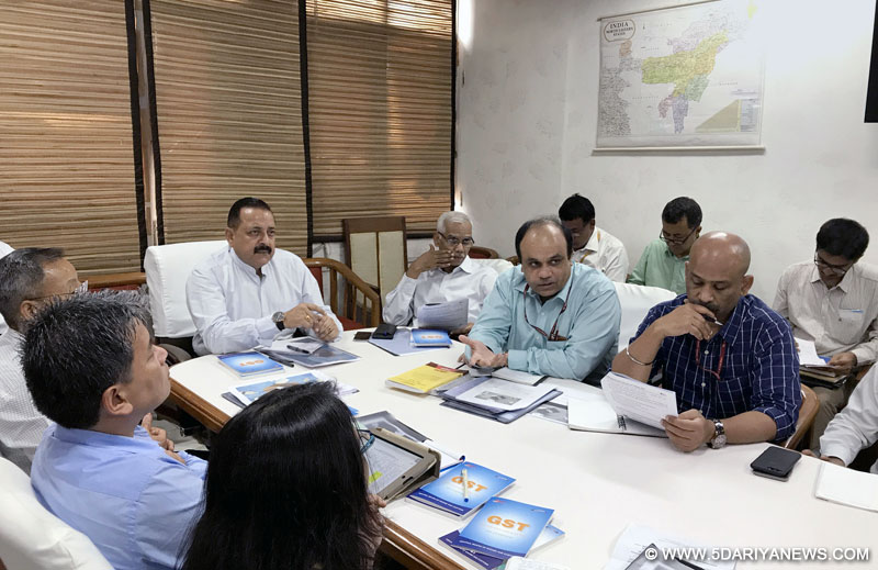 Dr. Jitendra Singh chairing a meeting to discuss GST rollout with the officials of the Ministry of Development of North Eastern Region (DoNER) and Delhi-based Resident Commissioners of the North Eastern States, in New Delhi on June 19, 2017. 