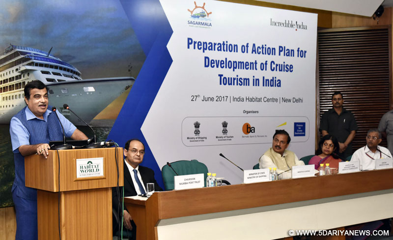 The Union Minister for Road Transport & Highways and Shipping, Shri Nitin Gadkari addressing the inaugural session of a workshop on “Action Plan for Development of Cruise Tourism in India”, in New Delhi on June 27, 2017. The Minister of State for Culture and Tourism (Independent Charge), Dr. Mahesh Sharma and the Tourism Secretary, Smt. Rashmi Verma are also seen.